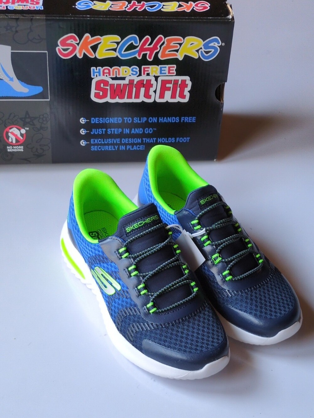 NWT Skechers Kids Hands Free Slip Ins Swift Fit Sneakers Navy Blue Neon Green 3